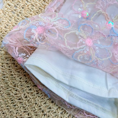 Conj. Blusa Florzinha e Short Saia em Tule Floral - Off White 